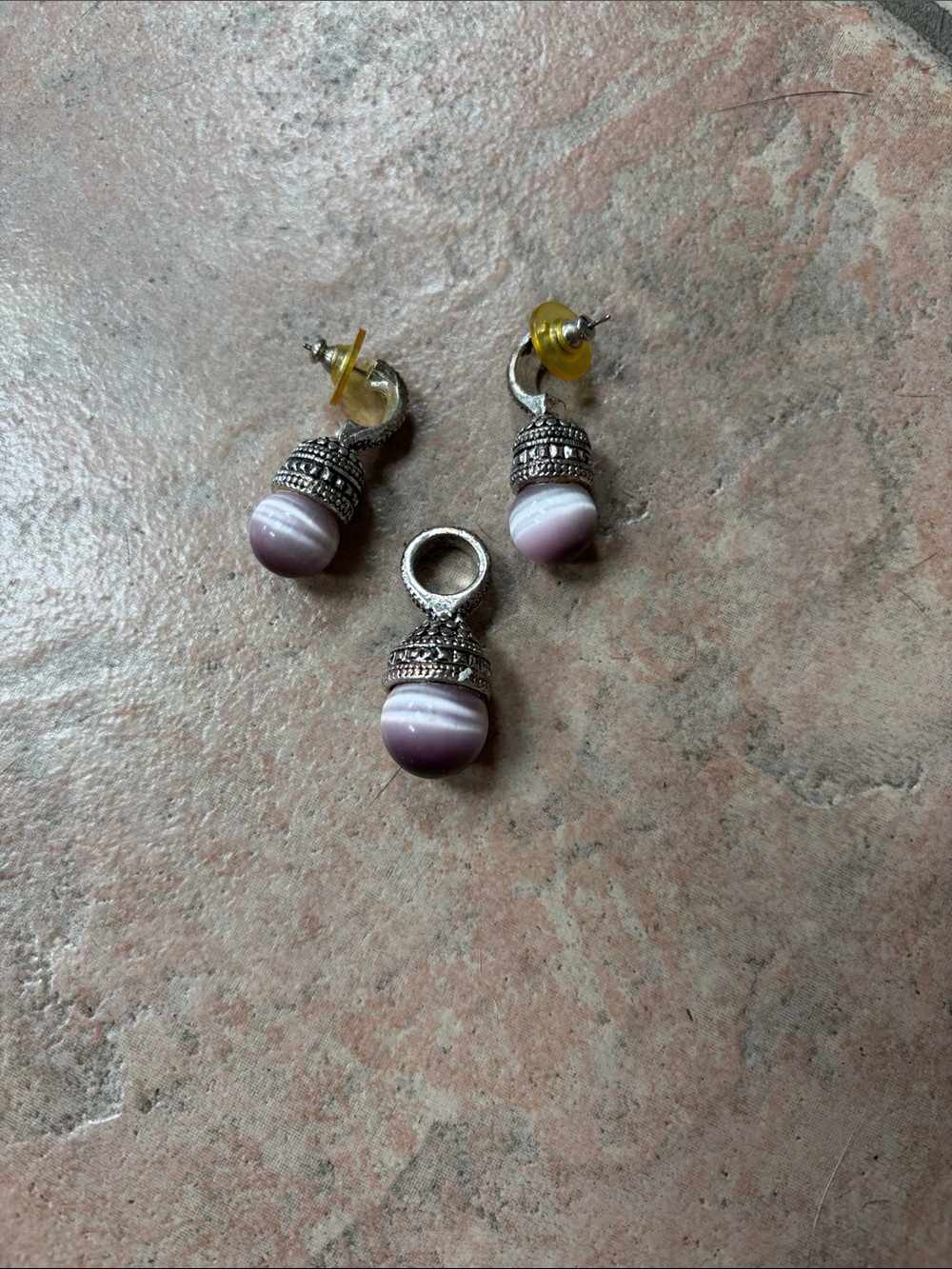 Sterling-Style Purple Agate Drop Earrings and Pendant Set